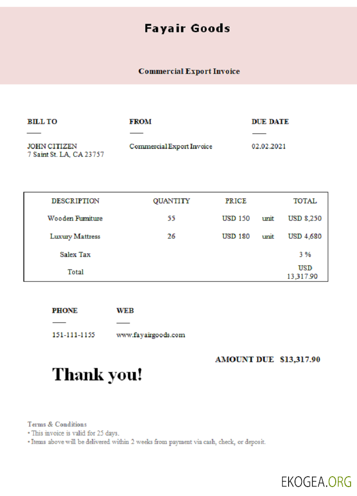 Facture de marchandises USA Fayair